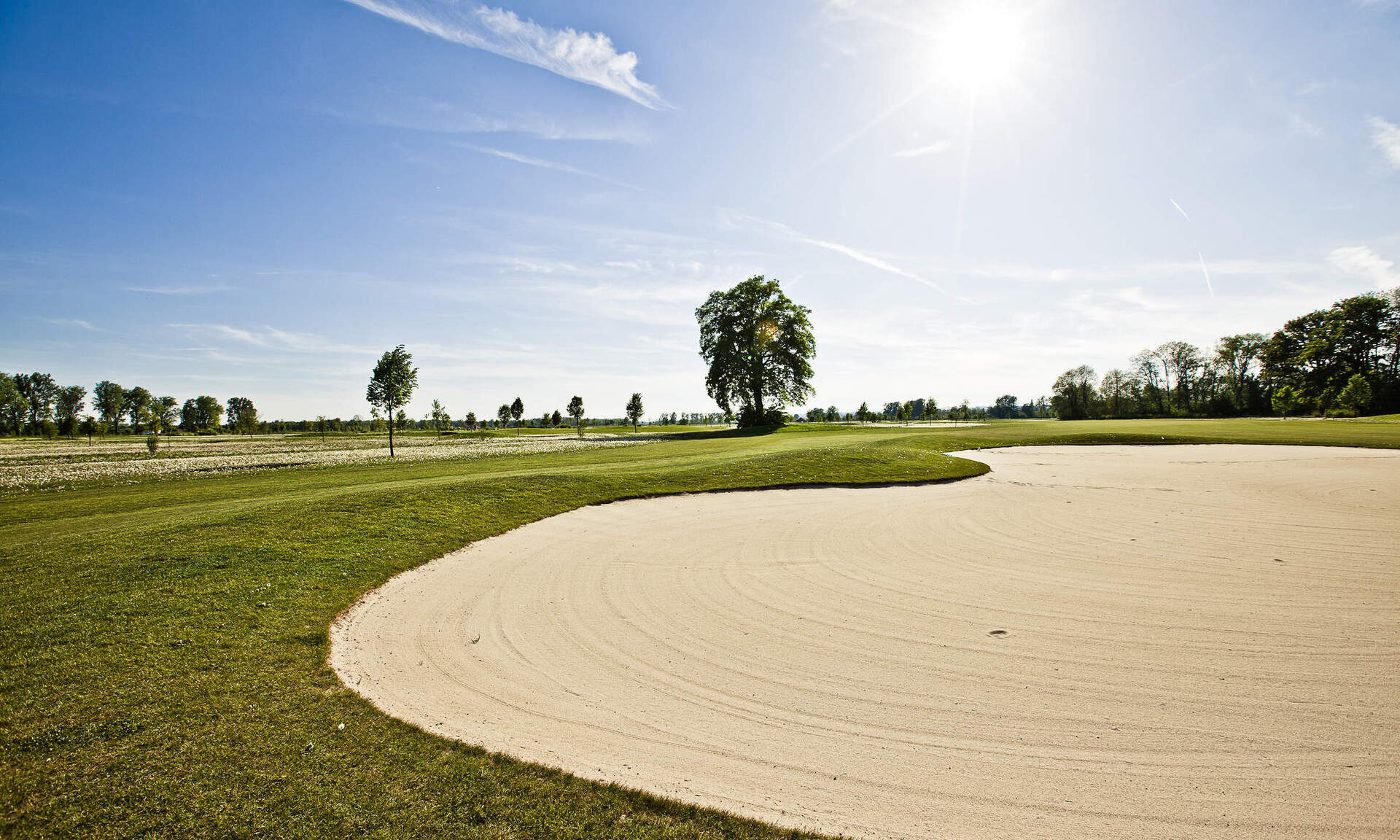Ein weitläufiger grasgrüner Golfplatz unter strahlend blauem Himmel in der Nähe von Bad Füssing.