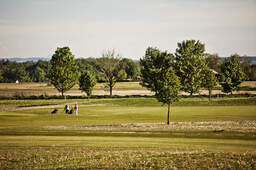Ein weitläufiger Golfplatz in der strahlenden Morgenlandschaft, perfekt zum Golfen in Bad Füssing.